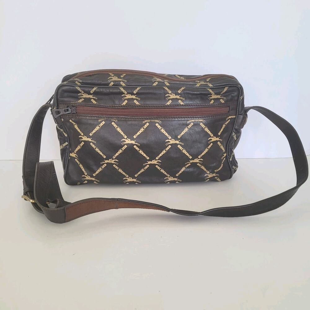 Longchamp‎ Paris Signature Geniue Leather Brown Zip Shoulder Bag Purse Medium